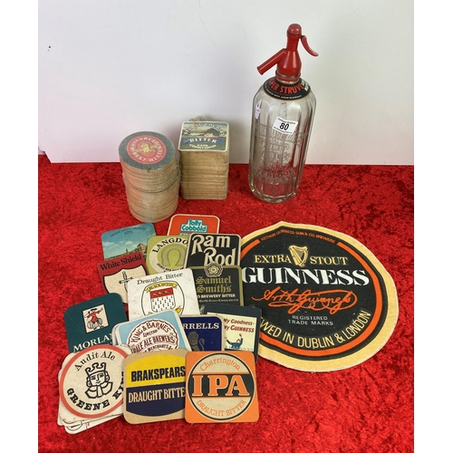 80 - Vintage Hooper Struve soda water bottle and a collection of cardboard coasters