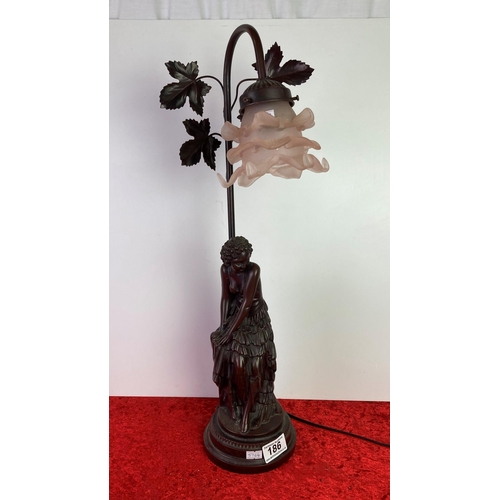 186 - Desk lamp with figurine base and flower glass shade