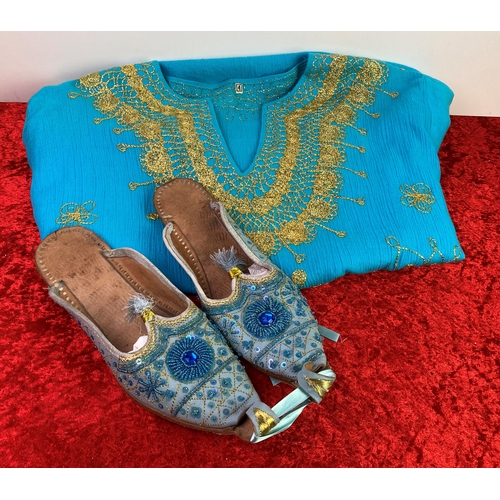 215 - Simply lovely sky blue kaftan with gold coloured threaded exquisite detail and matching Aladdin sand... 