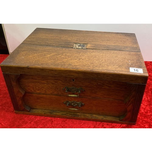 16 - Wooden cutlery cabinet including some silver plated cutlery including soup spoons, ladle and serving... 