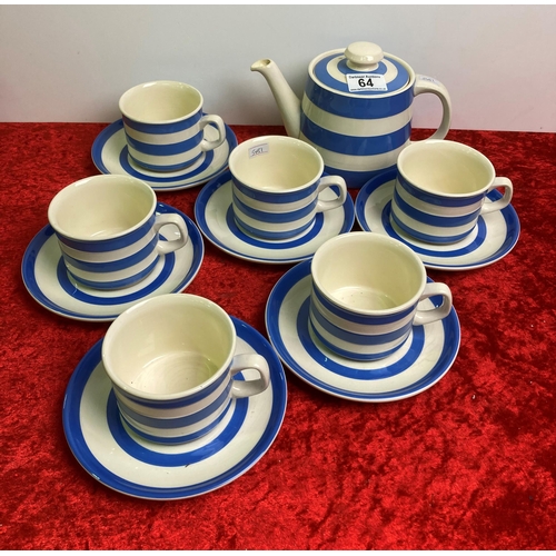 64 - T.G. Green Cornishware blue and white striped teapot with six cups and saucers