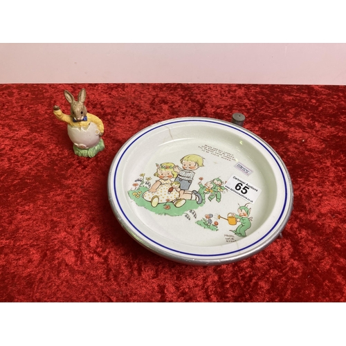 65 - Vintage child's dish in Aluminium holder along with a Royal Doulton Bunnykins Easter Greeting figure