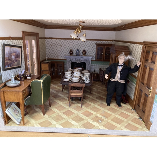 190l - 4-storey dolls house with exceptional detail in furnishings. Flooring lifted in places. Approx 100cm... 