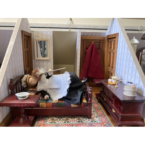 190l - 4-storey dolls house with exceptional detail in furnishings. Flooring lifted in places. Approx 100cm... 