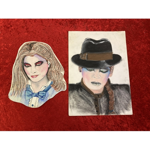 223a - Watercolour portrait of Gary Numan, together with a crayon and watercolour portrait of a woman, unfr... 