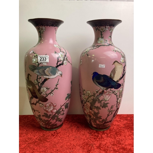 233 - Pair of magnificent cloisonne vases depicting flowers and birds. 47.5cm tall. One with small patch o... 