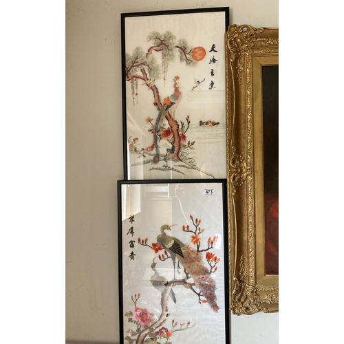 473 - A pair of Oriental embroidered pictures depicting exotic birds - approx 63cm x 38cm