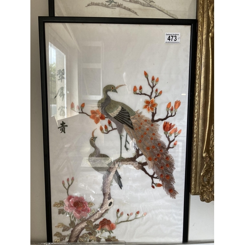 473 - A pair of Oriental embroidered pictures depicting exotic birds - approx 63cm x 38cm