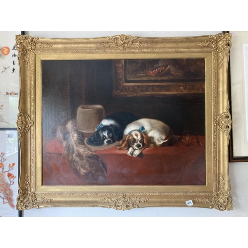 475 - Extremely impressive oil on canvas unsigned depicting King Charles Spaniel dogs in good gilt frame -... 