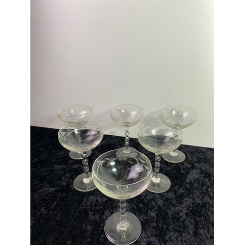 159 - A lovely set of 6 spiral-stemmed etched champagne coupes/bowls. 