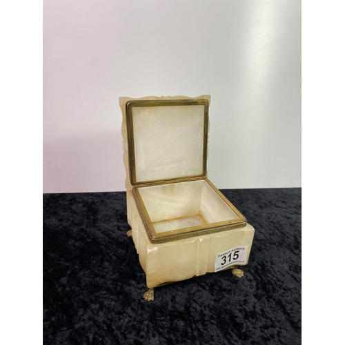 315 - Square white marble jewellery box with brass feet