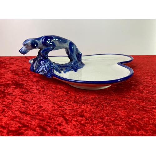 38 - Fabulous Wedgwood trefoil shaped serving plate with amazing dog image handle in blue and white. ... 