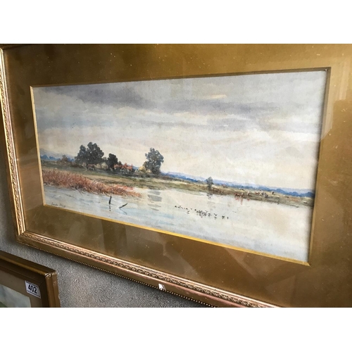 404 - Framed watercolour Flooded Meadows by S Flint. Measures 34 cm H x 56 cm W