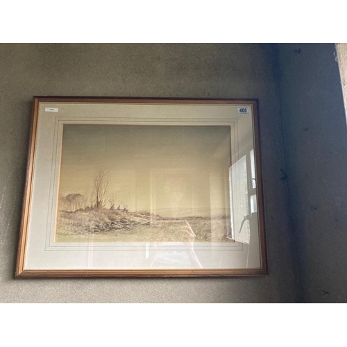 406 - Beautiful sepia toned framed watercolour of Wild Landscape. Measures 53 cm H x 70 cm W