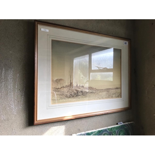 406 - Beautiful sepia toned framed watercolour of Wild Landscape. Measures 53 cm H x 70 cm W