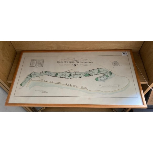 451 - Framed printed map of ‘The Old Course at Saint Andrews’, surveyed and depicted by A Mackenzie, th or... 