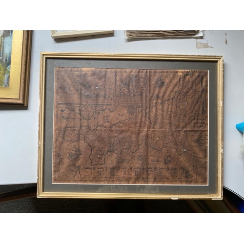 456 - 1 Framed sepia map of Kent ‘With her cities and earles’. Measures approx 44 cm H x 56 cm W and 1 fra... 