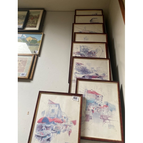 468 - 8 x framed pictures depicting scenes from Singapore - Chinatown and Wansoonkam, Singapore river 1982... 