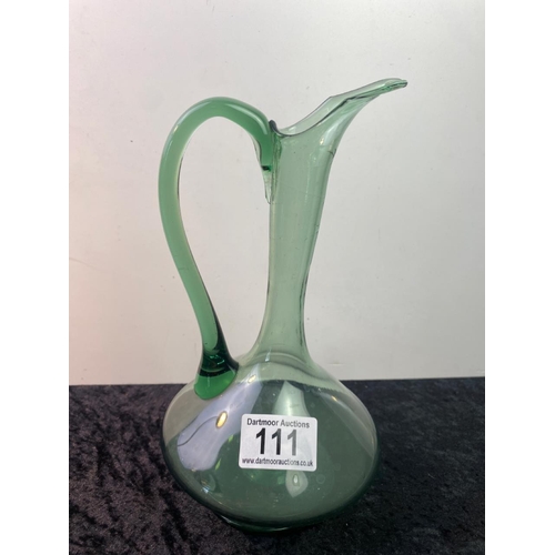 111 - Hand made glass carafe/jug, tilted to the front to collect sediment/cork 