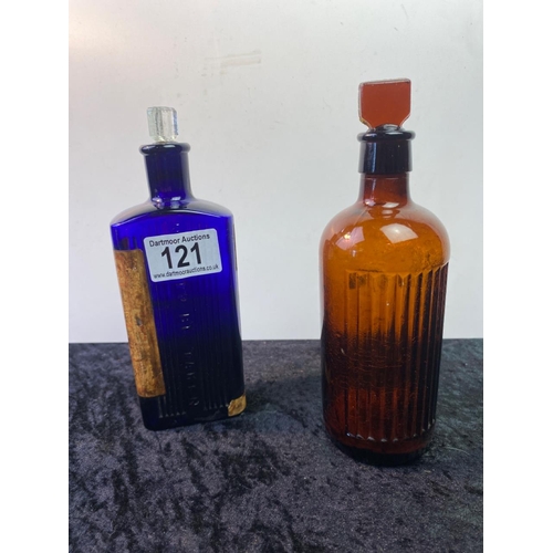 121 - Two old poison bottles, one with label