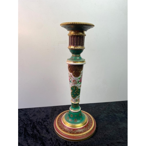 131 - Exquisitely hand painted candlestick with gilt detail - approx 27cm tall