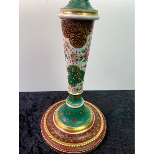 131 - Exquisitely hand painted candlestick with gilt detail - approx 27cm tall