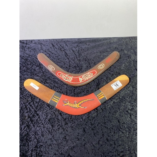 16 - Two hand painted Australian boomerangs