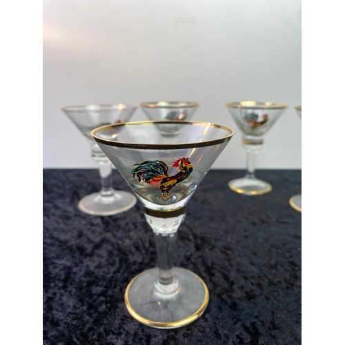 164 - Dorflinger Honesdale or style of Dorflinger - handprinted vintage cocktail glasses black rooster x 5