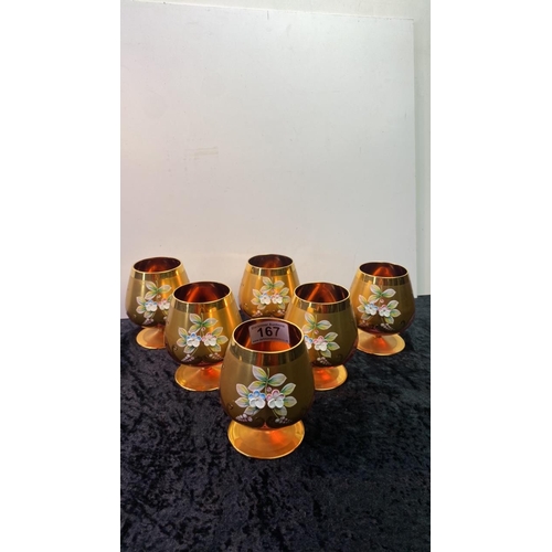 167 - Set of six hand painted bohemian brandy glasses