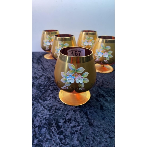 167 - Set of six hand painted bohemian brandy glasses