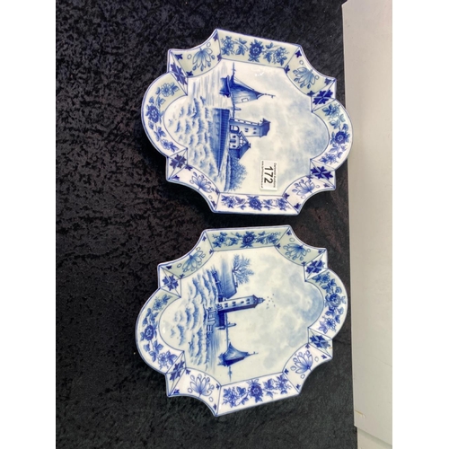 172 - Delftware pair of hand painted porcelain plate/wall plates, with river/canal scenes