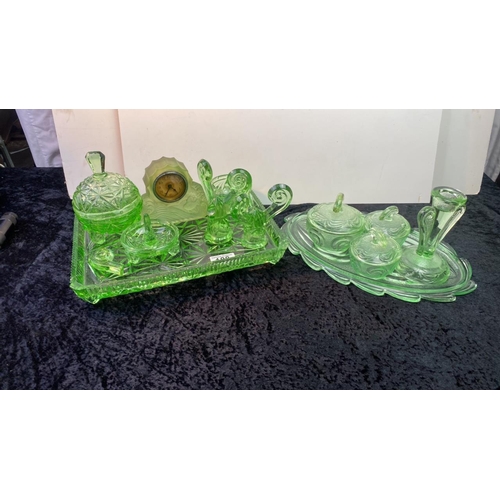 188 - Two green glass vintage dressing table sets, one set is uranium