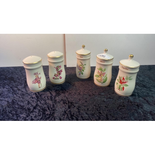 190 - Set of 30 Flower Fairies lidded spice jars along with a matching cruet set