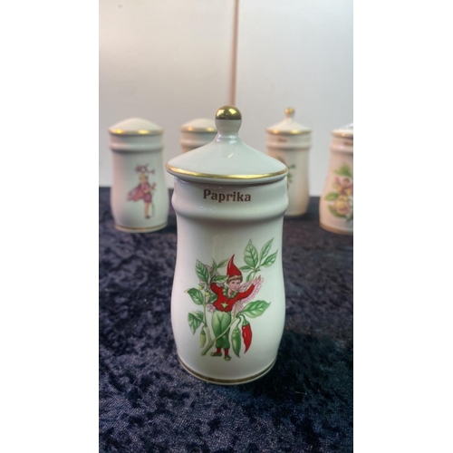 190 - Set of 30 Flower Fairies lidded spice jars along with a matching cruet set