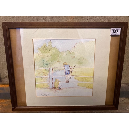 382 - Ink and watercolour  picture depicting Winnie the Pooh, Piglet and Christopher Robin playing Pooh St... 