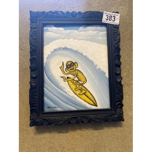 383 - Small painting depicting surfer in an ornate wooden carved frame, signed Imron, frame approx 25cm x ... 