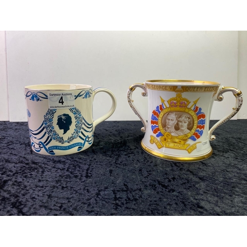 4 - Two rare and unusual large commemorative mugs: George VI coronation loving cup by Shelley 1937, Prin... 