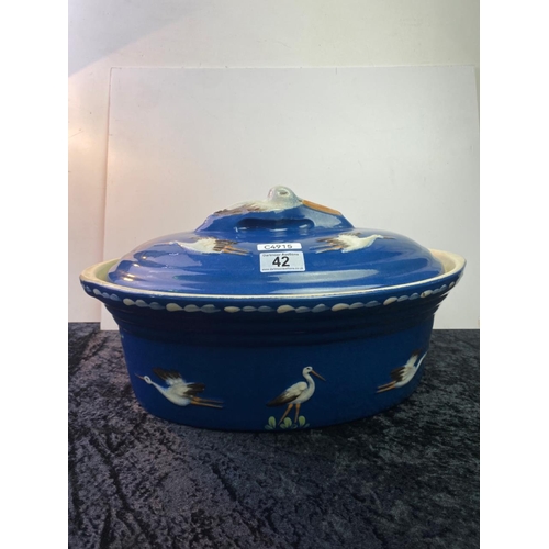 42 - Soufflenheim pottery Storich D’Alsace large lidded casserole dish with hand painted stork design - a... 