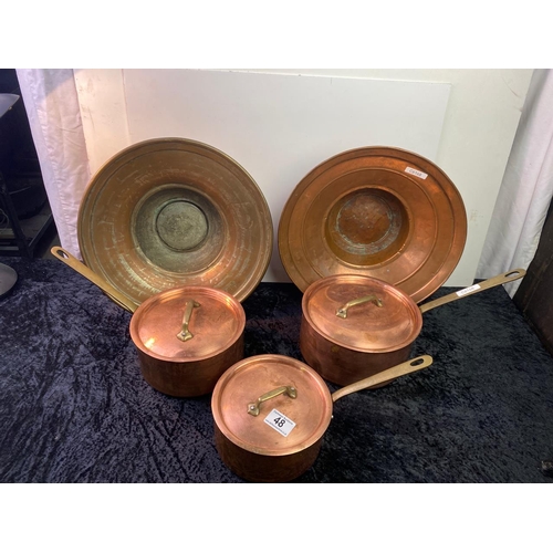 48 - Three brass handles copper saucepans with lids along with two large copper bowls