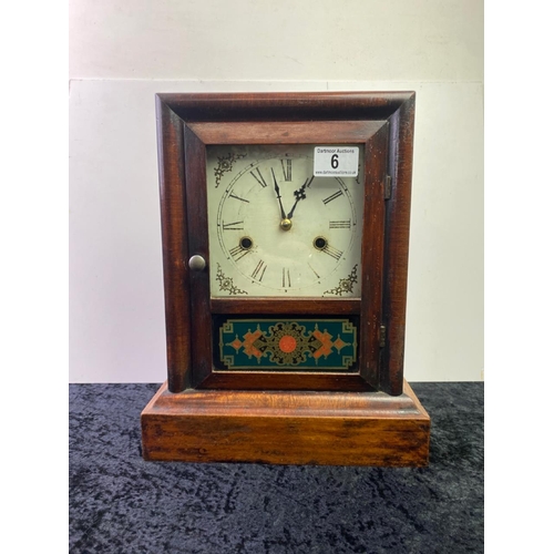 6 - Wooden cased pendulum mantle clock with decorated glass panel (no keys) - approx 33cm tall