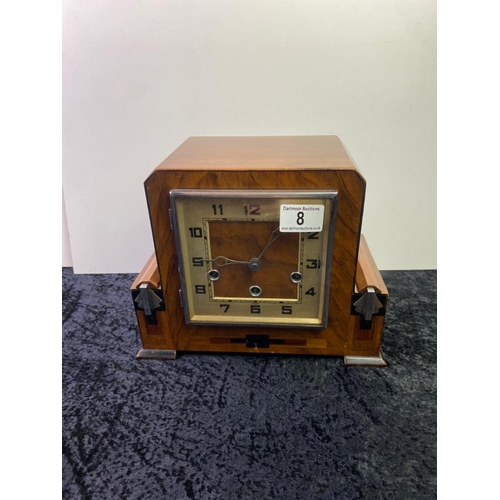 8 - Art Deco wooden cased mantle clock with key (inside) - approx 22cm tall