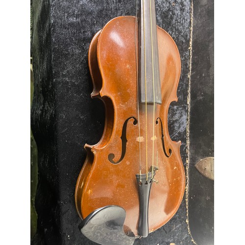 79 - Violin marked 'Stainer' in case with two bows, likely a copy, bridge loose