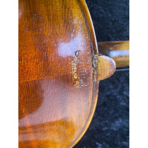 79 - Violin marked 'Stainer' in case with two bows, likely a copy, bridge loose