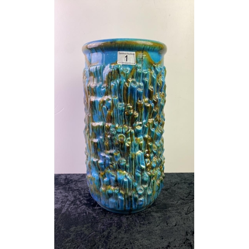 1 - Large West, German vase, Turquoise and brown glazed design, approximately 41 cm tall, chips to insid... 