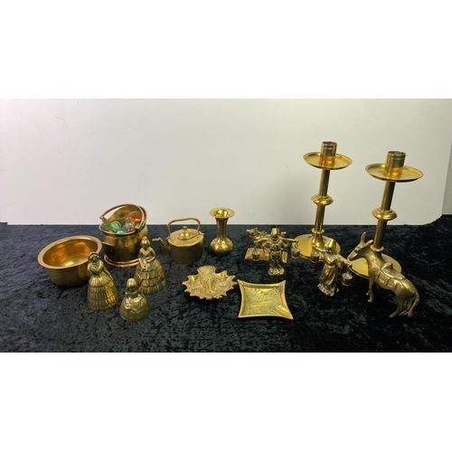 104 - Collection of brass items inc. candlesticks, bells, miniature items etc