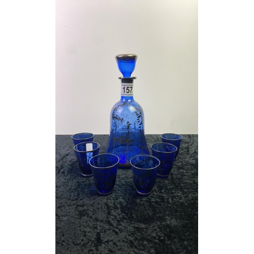 157 - A beautiful Venetian blue glass decanter with 6 glasses all with hand painted design