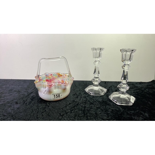 158 - A hand blown Murano style glass sweet basket along with a pair of glass candlesticks