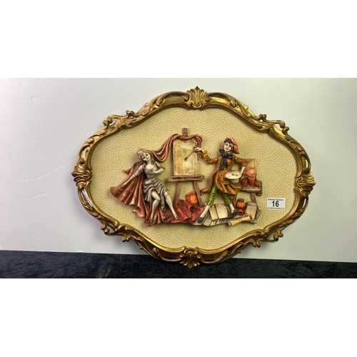 16 - Vintage Italian resin 3D wall plaque depicting a painter and subject, approx 36cm c 49cm