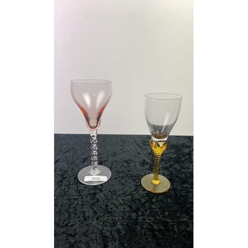 178 - 6 coloured glasses with twisted stems - one A/F along with 6 glass tumblers with etched design, colo... 