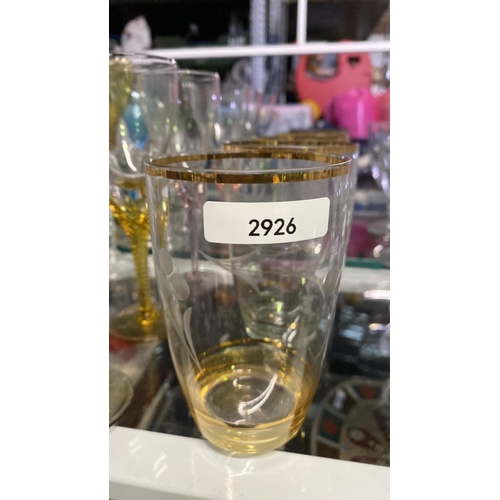 178 - 6 coloured glasses with twisted stems - one A/F along with 6 glass tumblers with etched design, colo... 